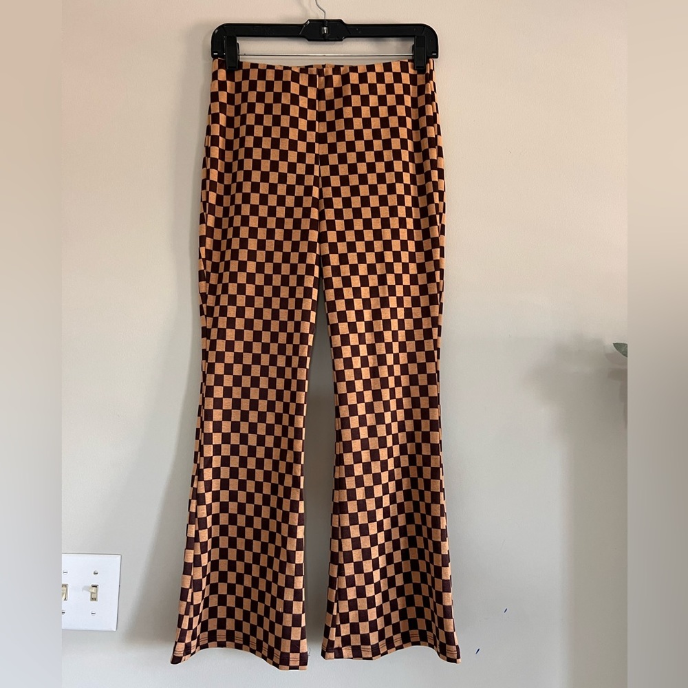 Brown Checkered Flare Pants